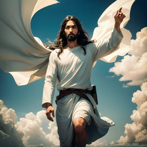 Homem vestido de branco com uma capa e uma espada, Vestido como Jesus Cristo, Jesus Cristo, biblical accurate angel, Jesus, Jesus walking on water, jesus christ fighting lucifer, his arms spread. pronto para voar, Jesus Cristo Indo Super Saiyajin, epic bib...