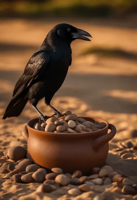 no deserto sob um sol escaldante, A crow picks up pebbles from the ground with its beak and places it inside a medium clay jug in dark brown color with two clay handles on either side of the jar, realista