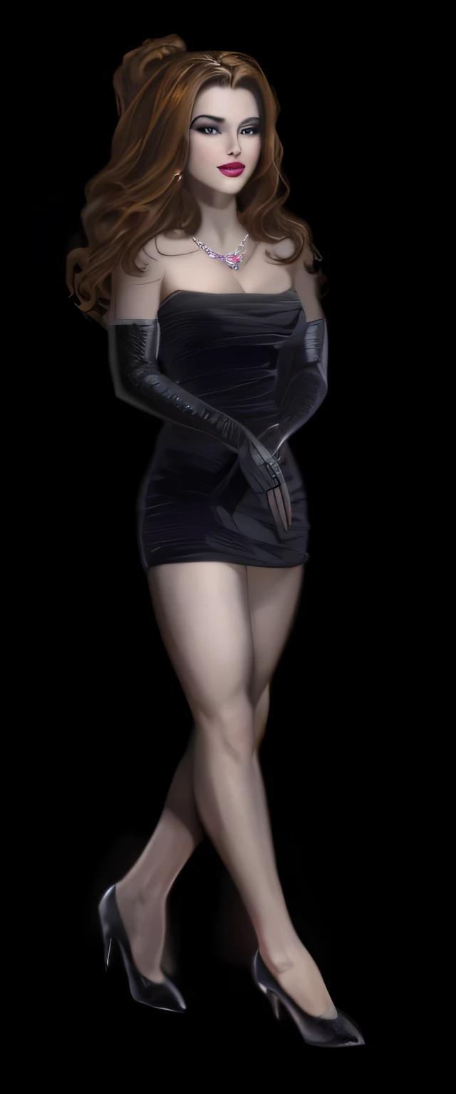 A full body view of a woman in a short dark dress with long gloves, a necklace, full body portrait, realistic, high heels, highly detailed, succubus in tight short dress