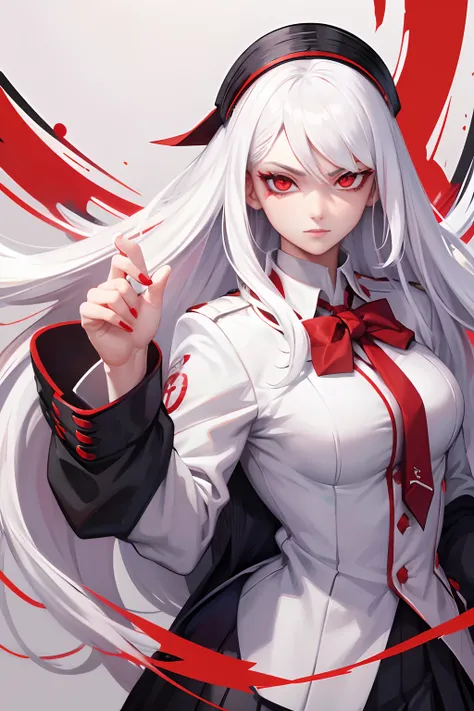 white hair, red eyes, woman, school uniform, jojo pose, white hair, red eyes, long hair