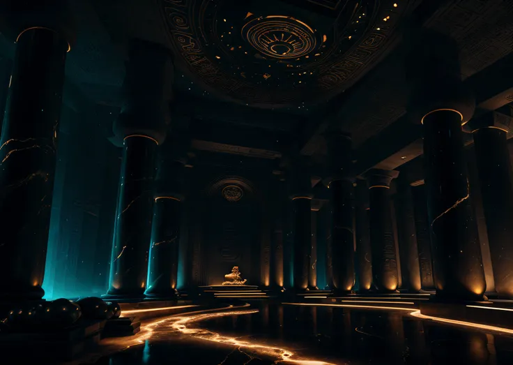 incredible black luxurious futuristic interior in Ancient Egyptian style with lotus flowers, palm trees, hieroglyphics, rocky walls, sand, marble, precious minerals, metals, gemstones, crystals, clouds and water, crocodiles, ultra luxury, black marble – wi...