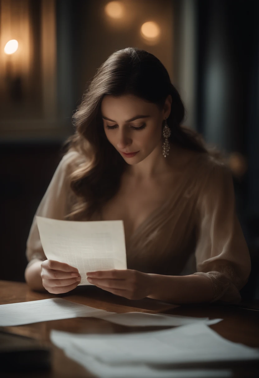 A delicate woman with pale skin, She wears a social outfit and is looking at a paper in her hands.