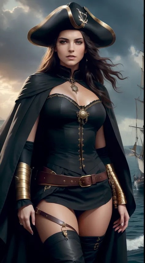 Photo, 4k, The pirate captain, The most beautiful and sensual woman, with intense eyes and dark hair, Tanned by the sun and marked by battle scars.  Her left eye is covered by a leather patch.  She dresses in a mix of nautical clothing and looted treasures...