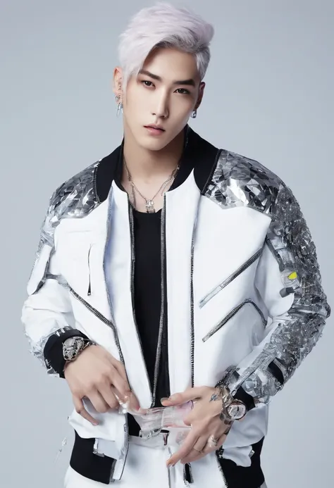 handsome kpop faceHifh detail kpop boy, with gemini sign tattoo, chains, slim body, fade cut white hair with white neon streaks , eyeballs blue eyes, straight up serious pose, big sized white jogging pants, cool open jacket, small body, stretching, happy f...