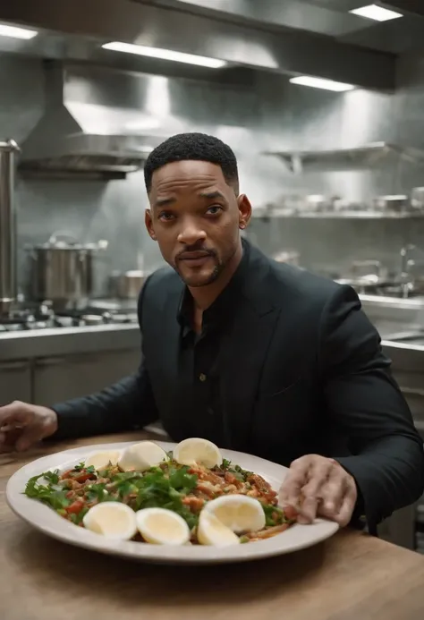 Imagina a Will Smith como el Hombre de Negro, with his iconic black suit (saco y corbata negro) y gafas de sol, parado en medio de una cocina extraterrestre futurista. The kitchen is full of alien devices and utensils, con luces parpadeantes y superficies ...