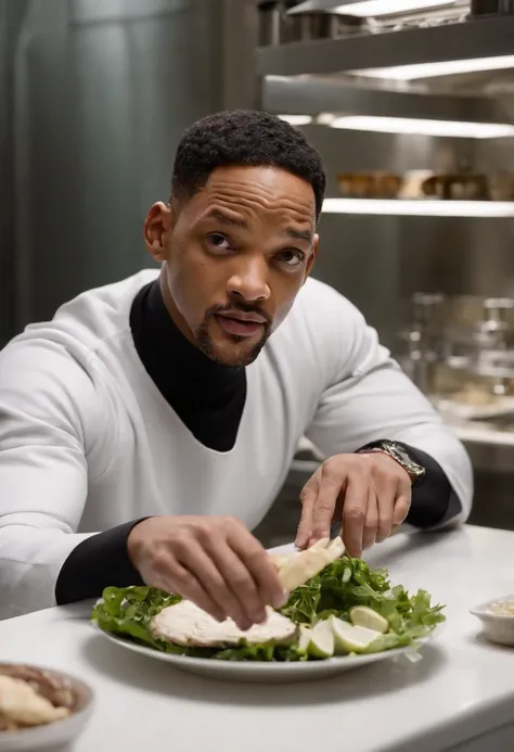 Imagina a Will Smith como el Hombre de Negro, with his iconic black suit (saco y corbata negro) y gafas de sol, parado en medio de una cocina extraterrestre futurista. The kitchen is full of alien devices and utensils, con luces parpadeantes y superficies ...