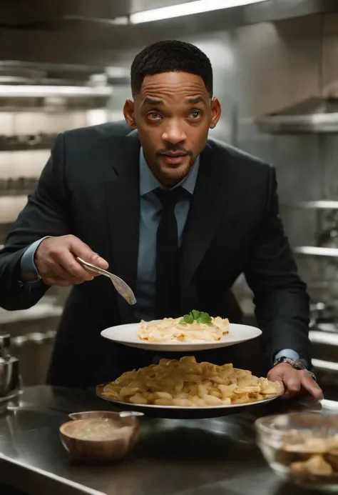 Imagina a Will Smith como el Hombre de Negro, with his iconic black suit (saco y corbata negro) y gafas de sol, parado en medio de una cocina extraterrestre futurista. The kitchen is full of alien devices and utensils, con luces parpadeantes y superficies ...