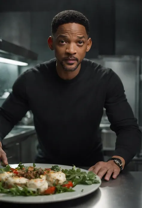 Imagina a Will Smith como el Hombre de Negro, with his iconic black suit (saco y corbata negro) y gafas de sol, parado en medio de una cocina extraterrestre futurista. The kitchen is full of alien devices and utensils, con luces parpadeantes y superficies ...