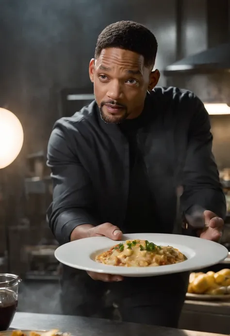 Imagina a Will Smith como el Hombre de Negro, with his iconic black suit (saco y corbata negro) y gafas de sol, parado en medio de una cocina extraterrestre futurista. The kitchen is full of alien devices and utensils, con luces parpadeantes y superficies ...