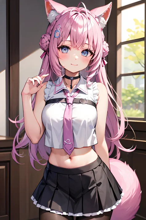 The Masterpiece,best qualiy,Hi-Res,standing a,DEF1,lora:Koyori-000015:1,pink tie,tights,hairornaments,Lilac eyes,One-sided braid,Sorrisos,1girl, animal ear fluff, animal ears, arm behind back, bangs, black choker, black skirt, blue eyes, blush, braid, brai...