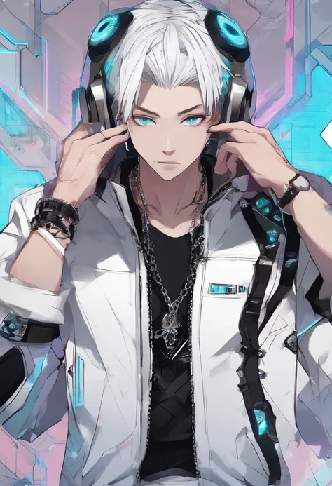 handsome young 18years old kpop faceHifh detail kpop boy, with gemini sign tattoo, chains, slim body, fade cut white hair with white neon streaks , eyeballs blue eyes, straight up serious pose, big sized white jogging pants, cool open jacket, small body, s...