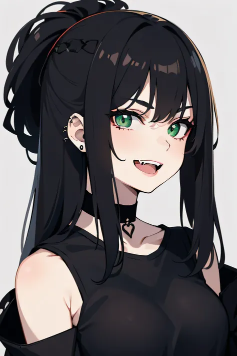 1girl, black hair, green eyes, smiling, open mouth, pale skin, smug face, piercings, black choker, black shirt, black filter, simple background