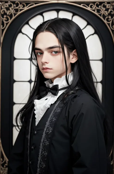 Garoto/white male with long hair Victorian gothic clothing, with ruffles on the goth, idade 11 anos de idade, color photograph portrait 4k, 4k symmetrical portrait, 4k symmetrical portrait, Ekaterina, menino/macho com olhos azuis, foto da menino, foto do i...