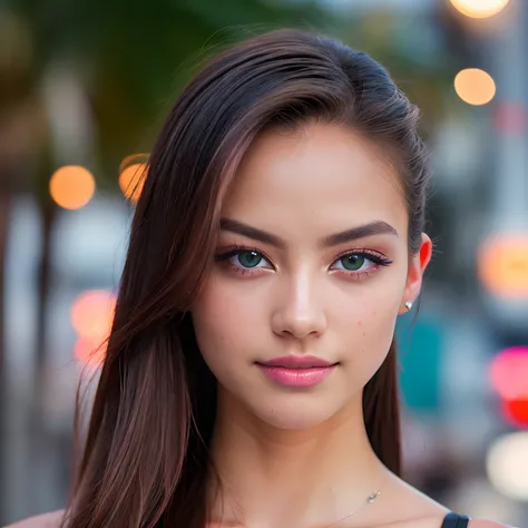 (selfie, top view: 1.4), (straight half of the body: 1.4), RAW UHD portrait photo of a 19-year-old Russian Brunette  (Teal-eyed tee!) walking down on the beach, palm trees, (skirt), (neckline), details (textures! , hair! , glitter, color!! , disadvantages:...