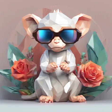 (best quality,8k,highres,masterpiece:1.2),ultra-detailed,(realistic,photorealistic,photo-realistic:1.37), cute little monkey in a jacket, crystal vase, roses, sunglasses-wearing, joyful, standing pose, abstract aesthetic, centered composition, directly loo...