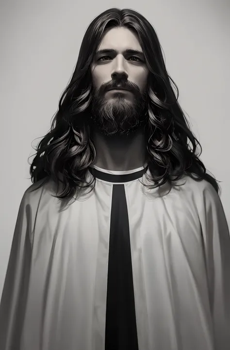 Rosto de Jesus Cristo, homem vestido como Jesus Cristo, com barba, very realistic symmetrical dark eyes, bem detalhado, olhar gentil, Cabelos escuros, foco nítido, roupa branca apropriada de Jesus Cristo, Cinematic image, disco Rigido.