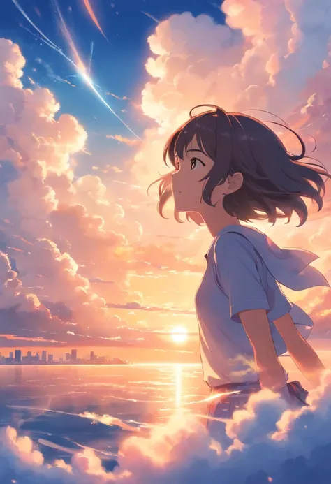 masterpiece, best quality, movie still, 1girl, cloud girl, floating in the sky, close-up, bright, happy, warm soft lighting, sunset, (sparks:0.7)