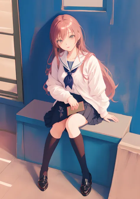 Anime girl in skirt and high heels sitting on the wall, the anime girl is crouching, Realistic Schoolgirl, a hyperrealistic schoolgirl, Ecchi anime style, Ecchi style, Rei Hiroe, Ecchi, of a schoolgirl posing, beautiful anime high school girl, wearing skir...