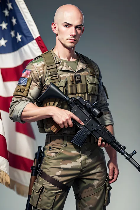 bald headed white male, bare chested, camo pants, bloused black boots standing uprigt, holding rifle, against american flag backdrop