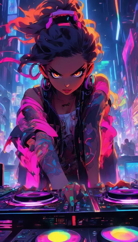 Colorful, hyper-realistic , cyberpunk, Psychedelic vampire female DJ plays dj instruments very crazy, looks intense, unlimited energy, full of passion, expression is so extraordinary, wearing vampire clothes integrated with modern cyberpunk dj costumes, co...