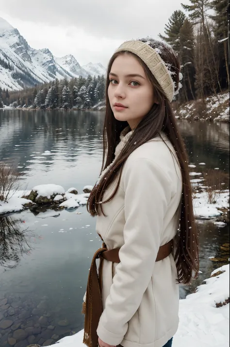 portrait, (masterpiece), (best quality:1.4), absurdness, [:intricate details1.5], 1girl, perfect face, tree, snow, solo, outdoors, water, mountain, waterfall, winter outfit, long hair, scenery, winter, lake, (looking at viewer:1.4), day, sky, reflection, 6...