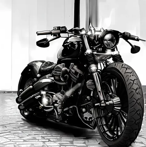 There is a black and white photo of a motorcycle parked on the street, Harley Davidson Moto, motocicleta, Motocicletas, Harley Davidson, com grandes tubos cromados, cromo e carbono, chrome motorcycle parts, motocicleta, olhar, in style of chrome hearts, mo...