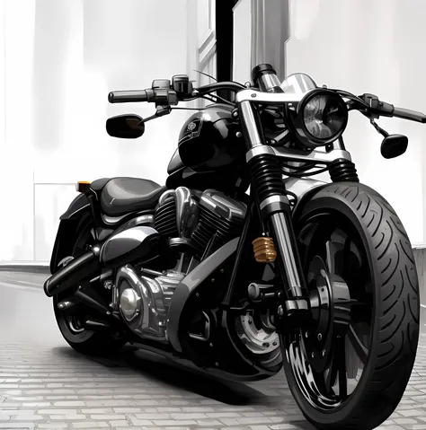 There is a black and white photo of a motorcycle parked on the street, Harley Davidson Moto, motocicleta, Motocicletas, Harley Davidson, com grandes tubos cromados, cromo e carbono, chrome motorcycle parts, motocicleta, olhar, in style of chrome hearts, mo...