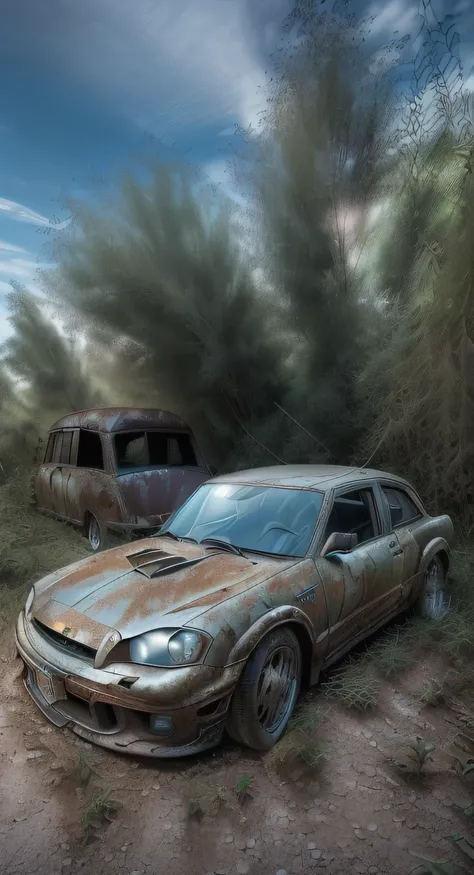 (masterpiece,  highest quality),  (realistic,  photo_realistic:1.9),  ((Photoshoot),  ((car: 1.5)),  (((rusty and abandoned car surrounded by weeds: 1.9))),  he is staring into the camera. beautiful masterpiece,  incredible masterpiece,  captured with Hass...