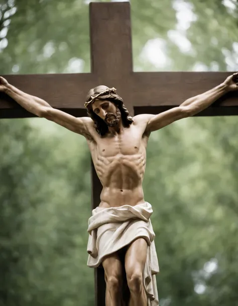 camera looking straight down at Jesus on the cross, Jesus, with arms outstretched, hangs upon the cross, his gaze directed upward toward the heavens, His expression reflects the profound moment of sacrifice and redemption, his eyes filled with both anguish...