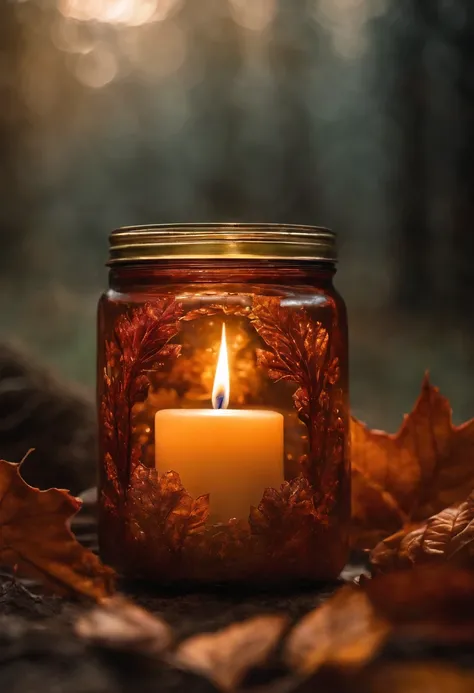 *Double exposure shot of an ultra-detailed candle set within a breathtaking autumn landscape, accompanied by iridescent smoke encapsulated within a jar. The scene radiates a very glowy, holographic, and rainbowish light, maintaining realistic elements. The...