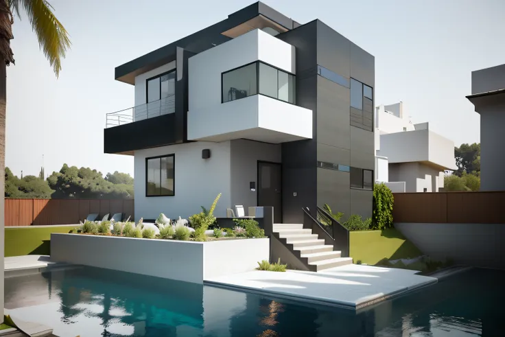 Arafed Modern House with Pool and Patio, arhitectural shot, arhitectural shot, award winning render, large modern residence, Ultra moderno, contemporary architecture, Casa moderna, casa contemporanea, architectural visualisation, obra-prima bem desenhada, ...