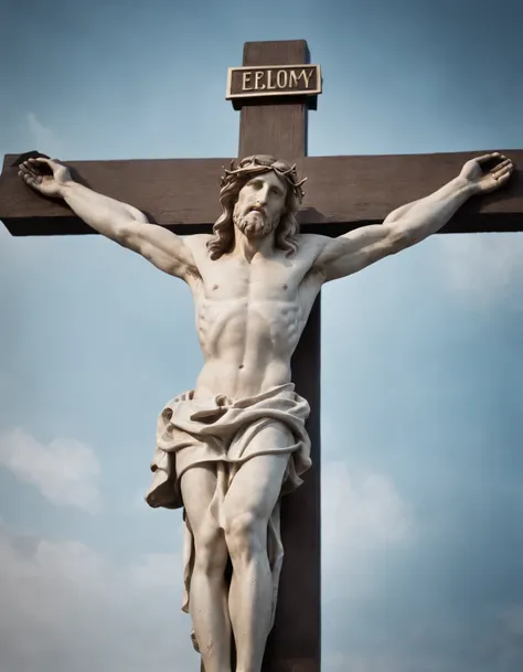 camera looking straight down at Jesus on the cross, Jesus, with arms outstretched, hangs upon the cross, his gaze directed upward toward the heavens, His expression reflects the profound moment of sacrifice and redemption, his eyes filled with both anguish...