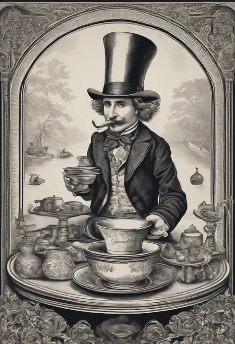 Um retrato pitoresco apresenta o Chapeleiro Maluco, de frente pra camera, exibindo sorriso extravagante. The Hatter holds a glass in front of the camera, with the bowl tilted slightly downwards. De dentro do copo, a seething tea oozes, decorated with a mul...