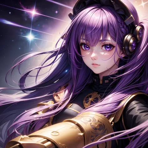 1girl, beautiful girl, (purple hair), ((galaxy sky color eyes)), selfie, realistic, ultra details, (anime style)