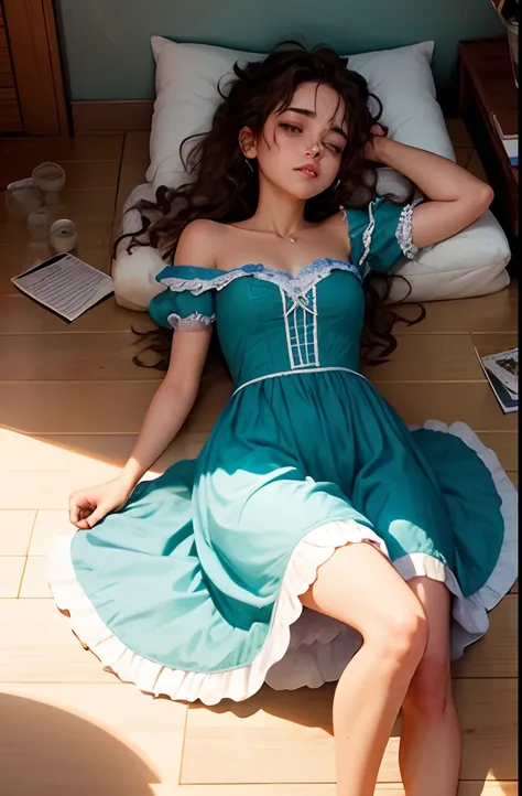 Uma menina bonita com o nome de Cinderela, dormindo, messy hair and drinks strewn across the floor, vestido