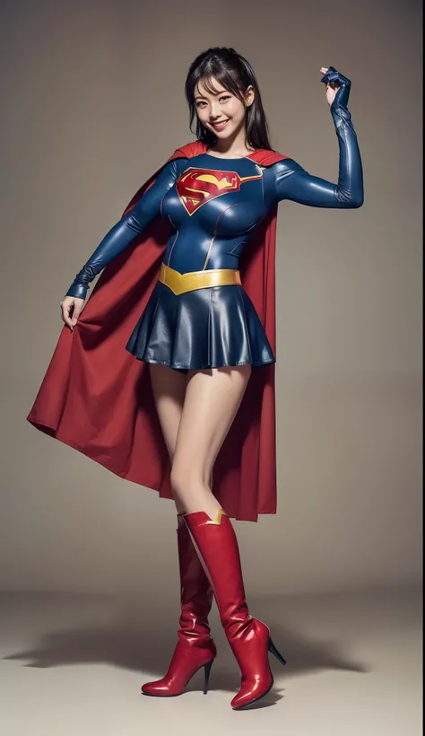 (((Make the most of the original image)))、(((Supergirl Costume)))、(((lustrous dark hair)))、(((Suffering)))、(((Feet must necessarily be worn with black tights)))、(((Smile)))、(((You need to wear red boots)))、((Top image quality、8K))、((top-quality、8K、​masterp...