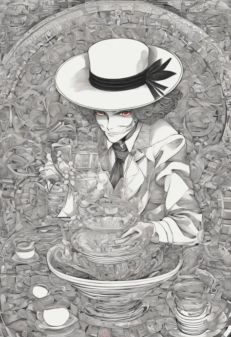 Um retrato pitoresco apresenta o Chapeleiro Maluco, de frente pra camera, exibindo sorriso extravagante. The Hatter holds a glass in front of the camera, with the bowl tilted slightly downwards. De dentro do copo, a seething tea oozes, decorated with a mul...