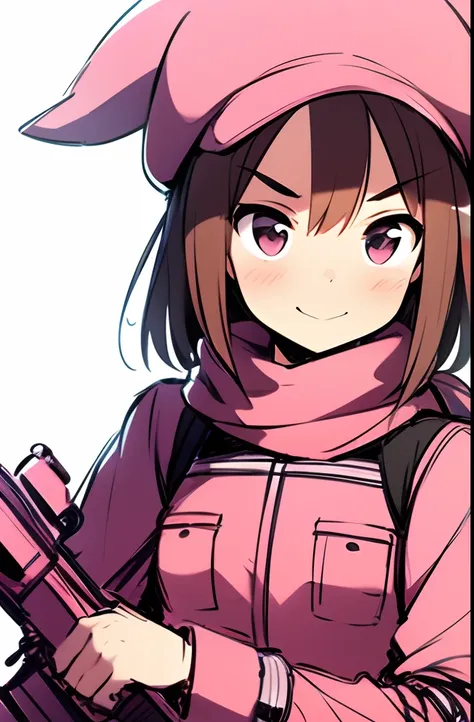 1girl, >:), animal_hat, artist_name, bullpup, commentary_request, ergot, gun, hat, llenn_(sao), looking_at_viewer, p90, photoshop_(medium), pink_theme, scarf, shaded_face, simple_background, sketch, smile, solo, submachine_gun, sword_art_online, sword_art_...