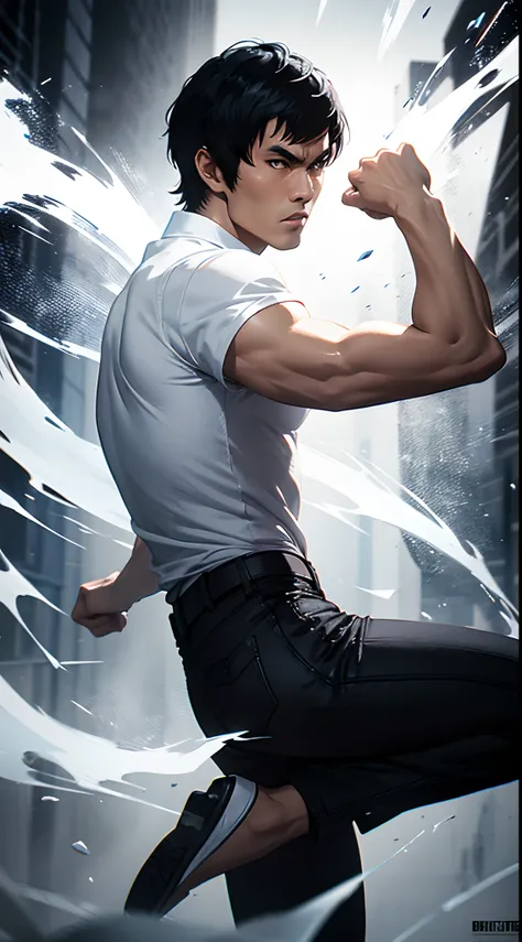 Bruce Lee wearing a white shirt and black jeans, shattering a huge block of ice with his fist, ice shattering from impact, by Bastien Grivet, graffiti airbrushing techniques, high definition, accent lighting, contrasted with bright paint colors, by Squal92...