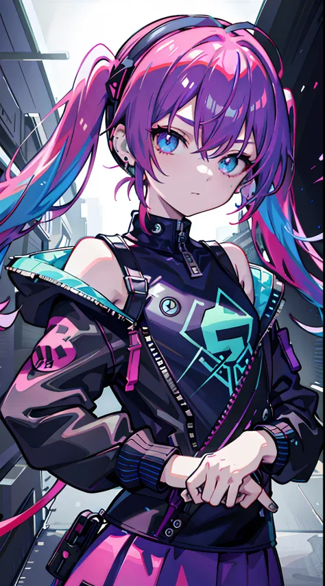 masutepiece, Best Quality, Colorful, Teenager with colorful pigtails wearing detailed leather jacket and anime t-shirt touching translucent panels, In dark voids filled with small intense particles of light,   Jacket from the shoulder, Front floating scree...