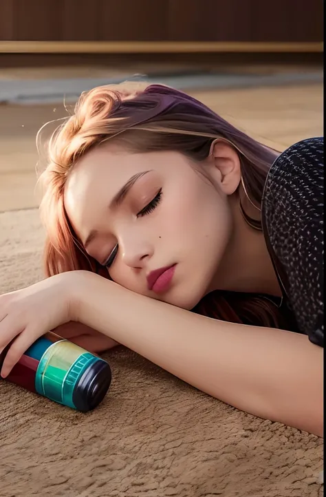 uma linda jovem inocente de aproximadamente 18 anos, com o nome de Cinderela, fallen to the ground, is sleeping in the middle of the floor, messy hair lipstick blurred mouth, liquor bottles lying on the floor