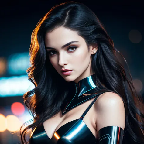 amoled ultra realistic photograph of a 25 years old european girl, RAW, beautiful woman, (extra long wavy black hair), ((portrait)), ((detailed face:1.2)), ((detailed facial features)), (finely detailed skin), pale skin, (high detailed deep cleavage cyberp...