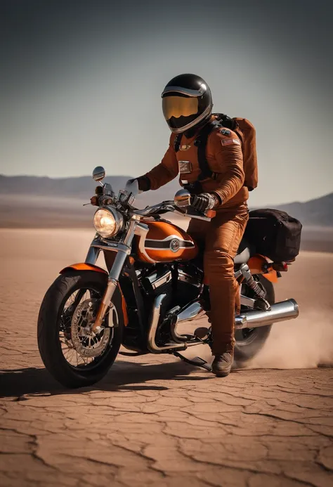 Astronauta pilotando uma harley no death valley