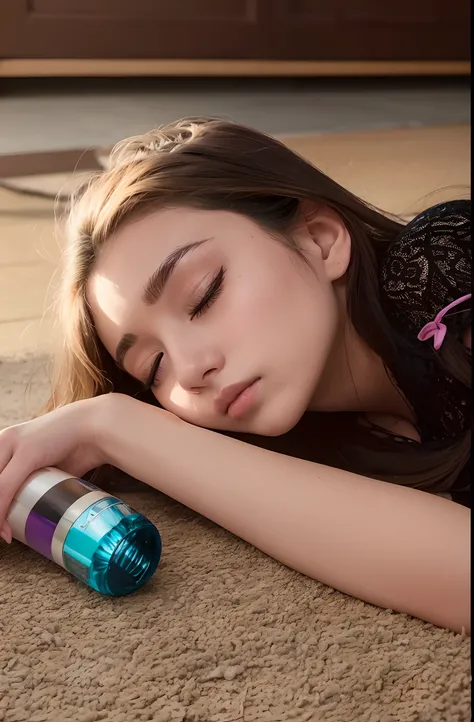 uma linda jovem inocente de aproximadamente 18 anos, com o nome de Cinderela, Fallen to the ground, is sleeping in the middle of the floor, hair messy, batom, boca borrada, beverage bottles lying on the floor