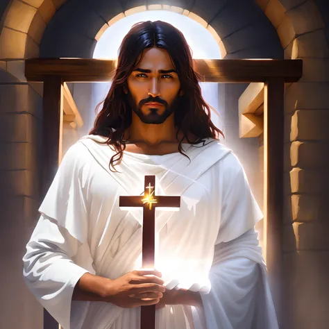 arafed man in a white robe dark skin, thunder bolts of lightning, holding a cross in front of a doorway, jesus christ with a aura and a halo, portrait of jesus christ, jesus of nazareth, dressed like jesus christ, holy sword in his hands, the lord and savi...