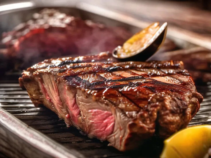 churrasco de costela na grelha, textura detalhada, close, HDR, foto realista, cinemactic,foto promocional, publicidade, iluminado, Adobe Lightrooom