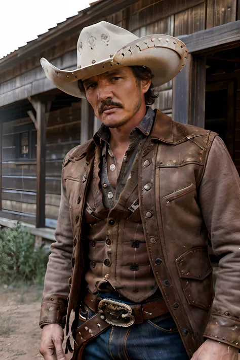 portrait action shot of beautiful man pedro pascal wear western style cowboy interior, 24mm,4k textures, soft cinematic light, h...