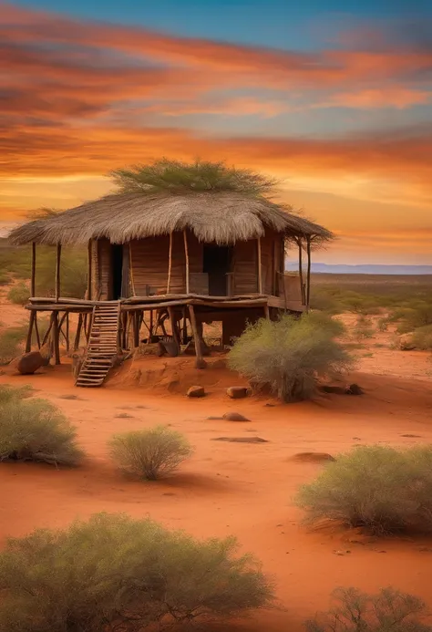 Paisagem cartoon, pintura, Poor dirt house in a dry backcountry area with leafless trees with a sky background, caatinga, paisagem de caatinga, Serene scenery of the sertão of Ceará