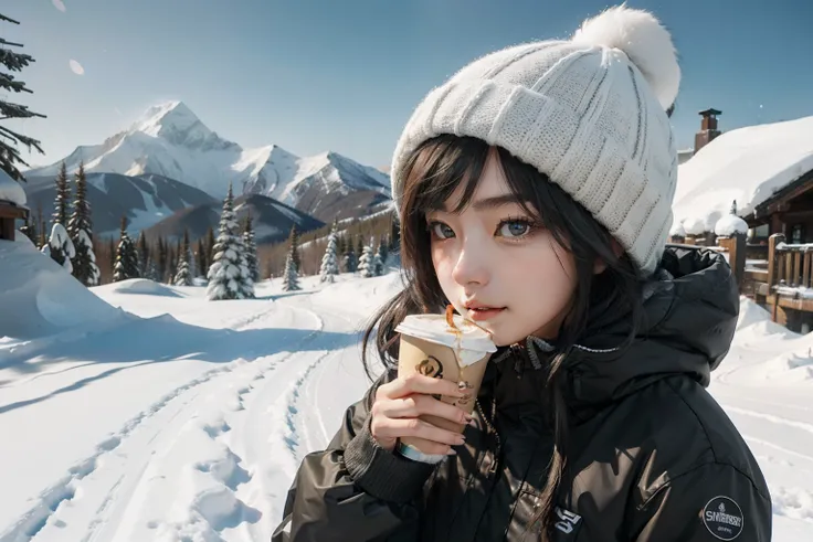 A girl drinking coffee at a sky resort, dressed with winter clothes, snow mountain, people with snowboards, bright day of winter. Highly detailed. Photorealistic.