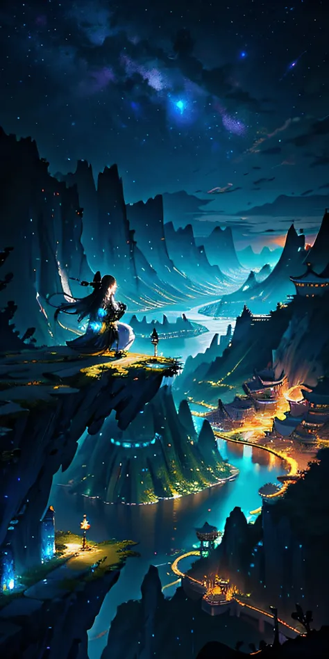 sky, star (sky), scenery, starry sky, night, 1girl, night sky, solo, outdoors, cloud, moon, sitting, long hair, winner of cg society competition, fantasy art, Chinese landscape, Chinese fantasy, Chinese ink style, pin ancient city view, order Impressive fa...